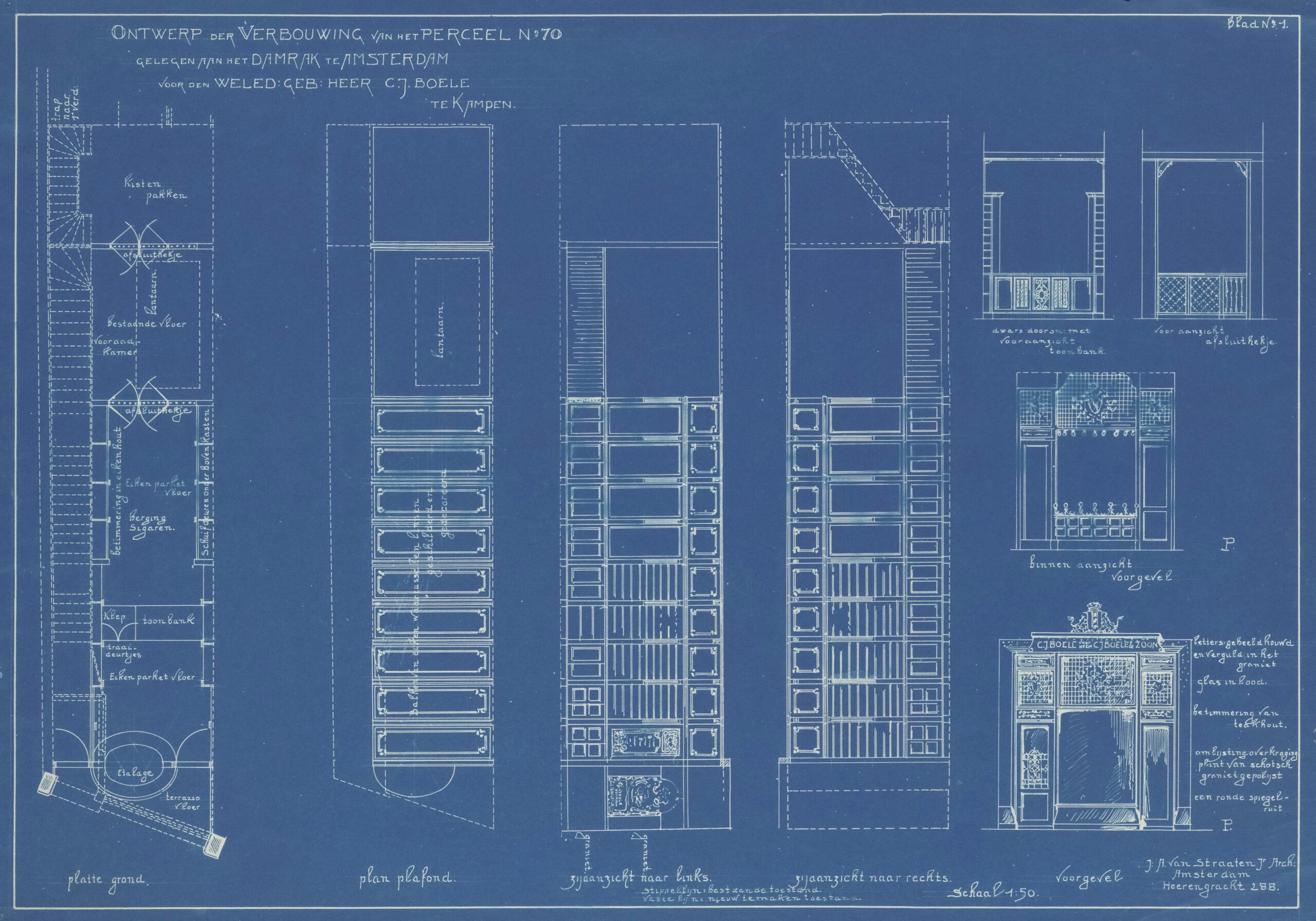 Historischer Architektur-Blueprint (Lichtpause) zeigt den Umbauplan des Gebäudes am Damrak Nr. 70 in Amsterdam – Grundriss, Querschnitte und Fassade in vintage Architekturzeichnung