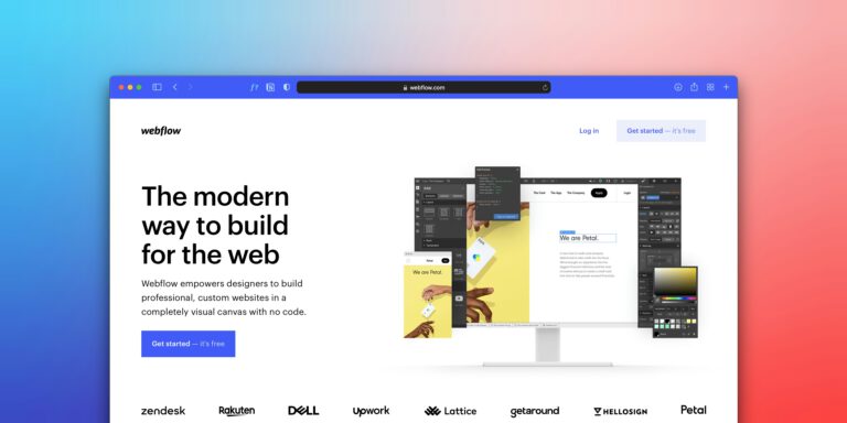 Screenshot der Webflow-Homepage mit dem Slogan „The modern way to build for the web“ – No-Code Website Builder für professionelle Webentwicklung ohne Programmierung